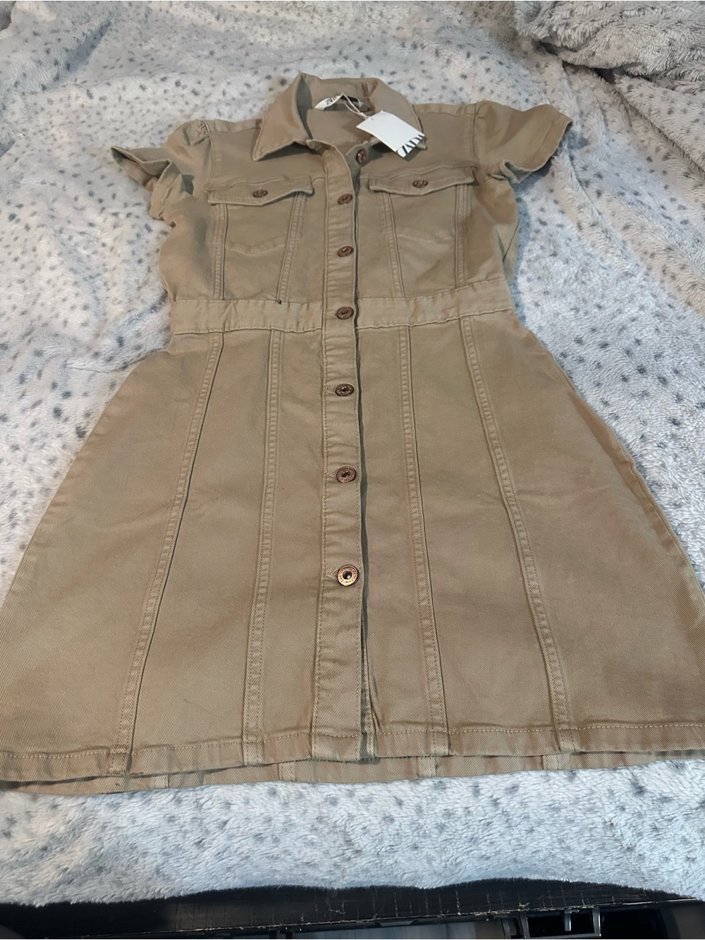 Zara Khaki Button-Front Mini Dress